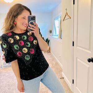 Vintage Laurence Kazar Black Silk Sequin Top Medium